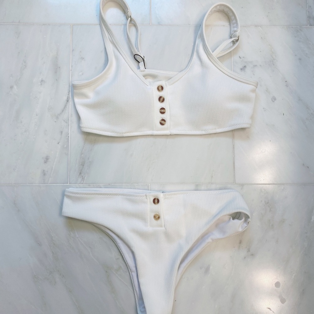 White Ribbed Button Up Bikini